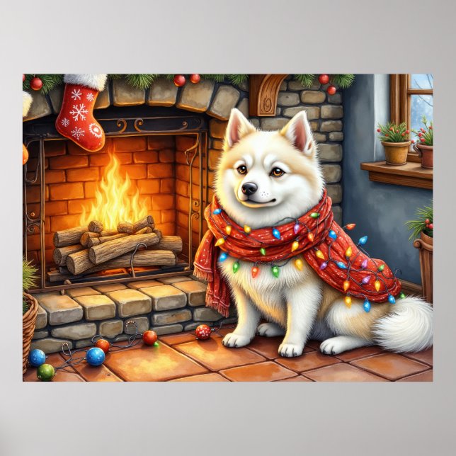 American Eskimo Fireplace with Christmas Lights Poster (Vorne)