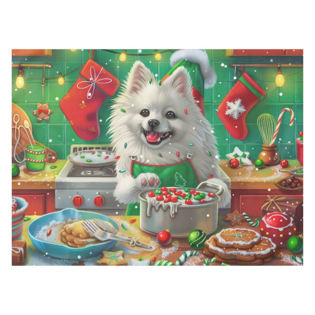 American Eskimo Holiday Baking: Festliche Weihnach Tischdecke (Vorderseite (Horizontal))