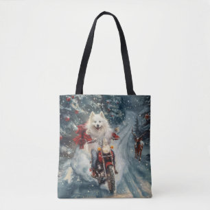 American Eskimo Hund fährt Motorrad Weihnachten