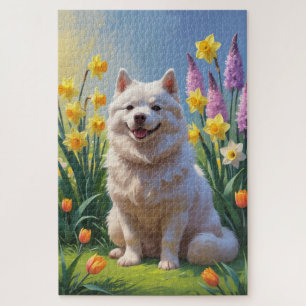 American Eskimo Hund Frühlingsblumen Malerei Puzzle