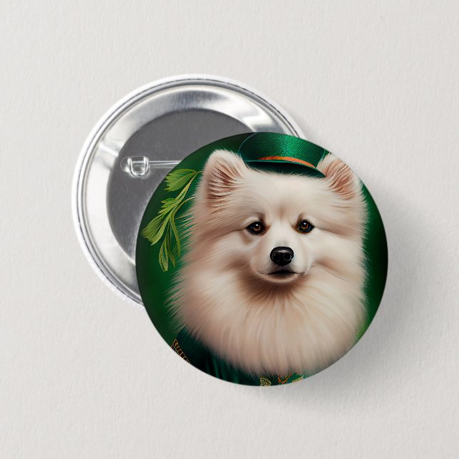 American Eskimo Hund in St. Patrick's Day Dress Button (Vorne & Hinten)