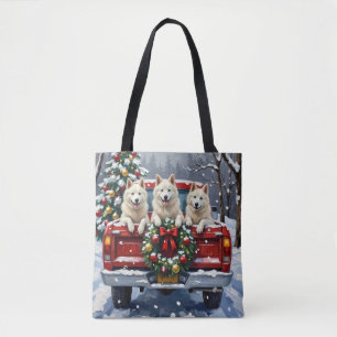 American Eskimo Hund Weihnachten Roter LKW Urlaub