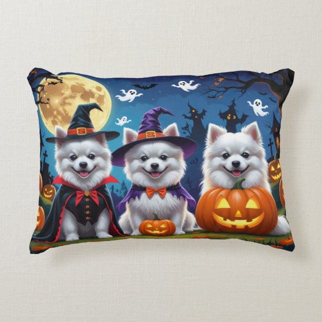 American Eskimo Hunde Pumpkin Halloween Funny Dekokissen (Vorderseite)