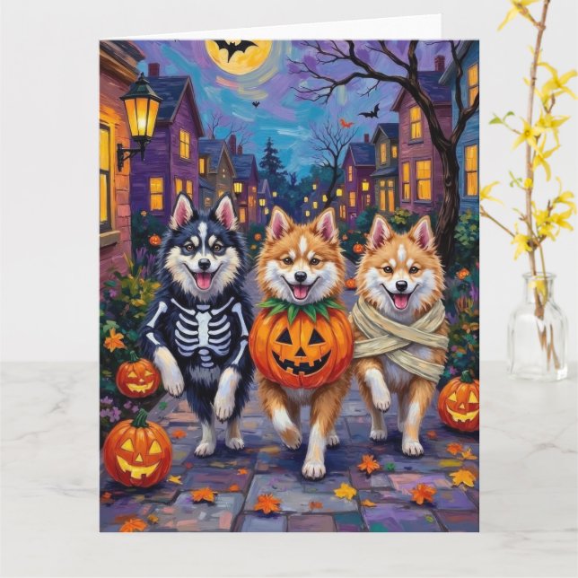 American Eskimo Hunde Trick-or-Treating Halloween Karte (Gelbe Blume)