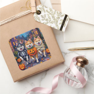 American Eskimo Hunde Trick-or-Treating Halloween Quadratischer Aufkleber