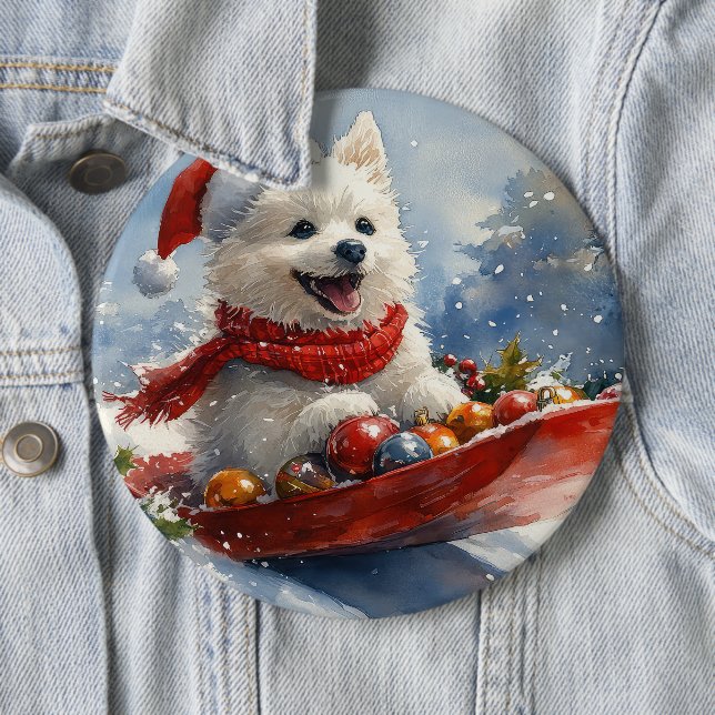 American Eskimo in Sledge Let it Snow Christmas Button (Beispiel)