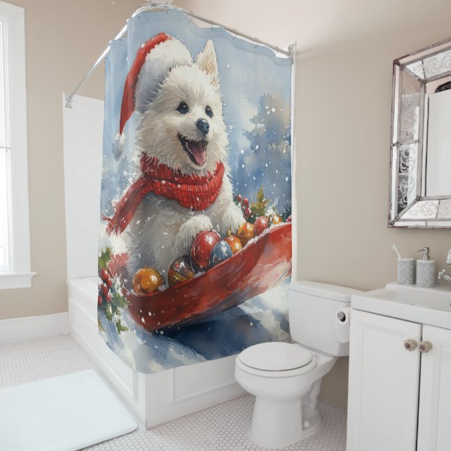 American Eskimo in Sledge Let it Snow Christmas Duschvorhang (Beispiel)