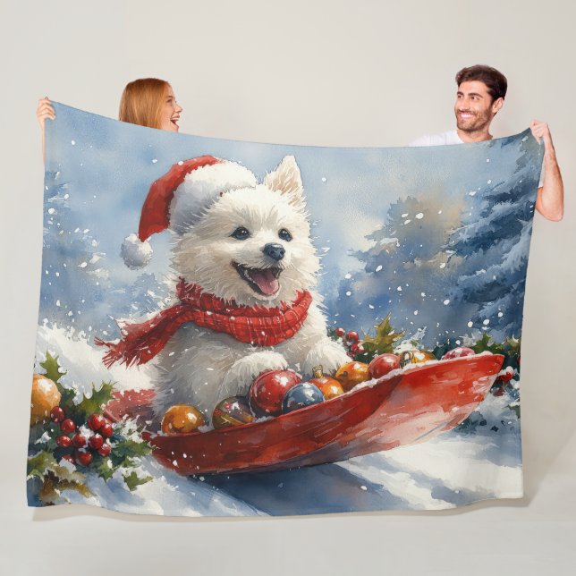 American Eskimo in Sledge Let it Snow Christmas Fleecedecke (Beispiel)