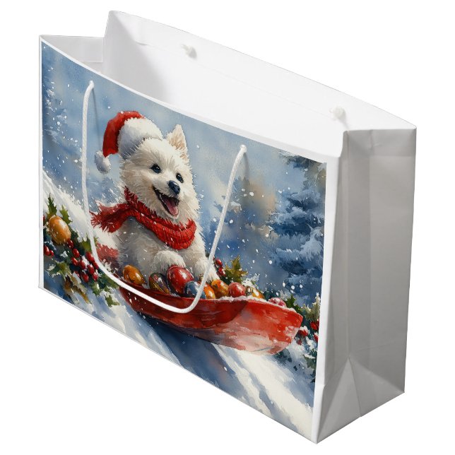 American Eskimo in Sledge Let it Snow Christmas Große Geschenktüte (Vorderseite Schrägansicht)