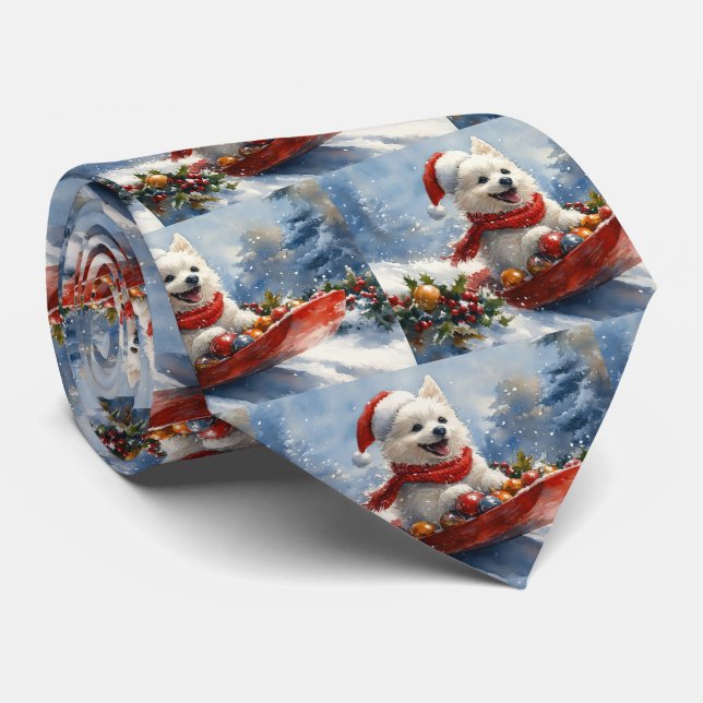 American Eskimo in Sledge Let it Snow Christmas Krawatte (Gerollt)