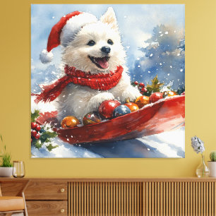 American Eskimo in Sledge Let it Snow Christmas Leinwanddruck