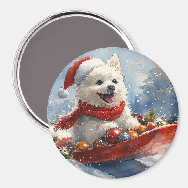 American Eskimo in Sledge Let it Snow Christmas Magnet (Vorderseite/Rückseite)