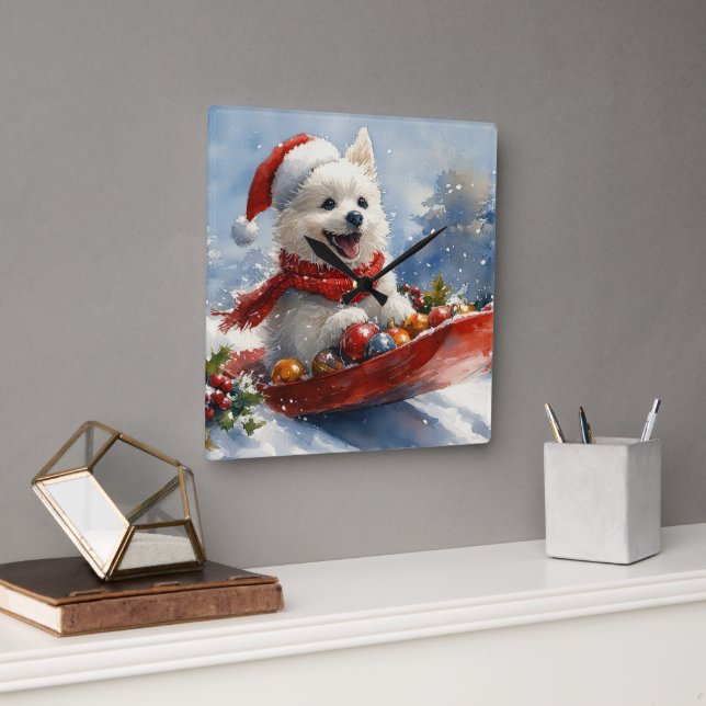American Eskimo in Sledge Let it Snow Christmas Quadratische Wanduhr (Büro)