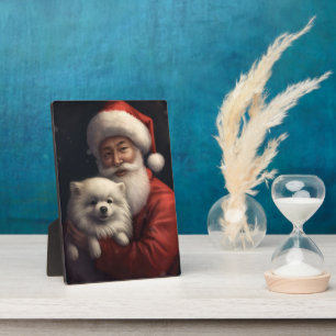 American Eskimo mit Weihnachtsmann Weihnachten Fotoplatte
