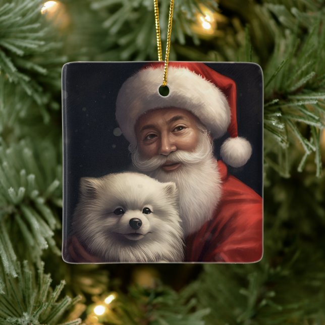 American Eskimo mit Weihnachtsmann Weihnachten Keramikornament (Baum)