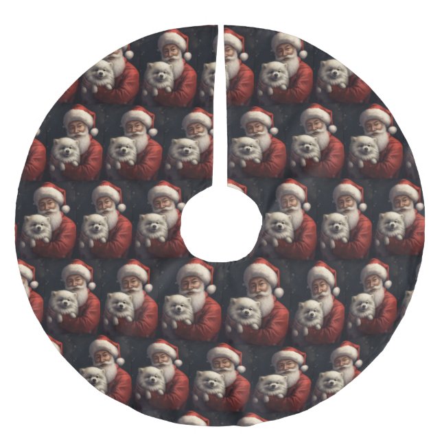 American Eskimo mit Weihnachtsmann Weihnachten Polyester Weihnachtsbaumdecke (Vorderseite)