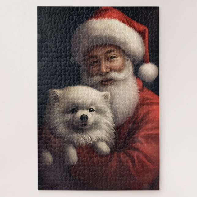 American Eskimo mit Weihnachtsmann Weihnachten Puzzle (Vertikal)