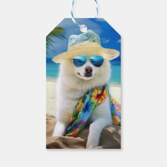 American Eskimo on Beach, Sommergeschenk für Hunde Geschenkanhänger (Rückseite)