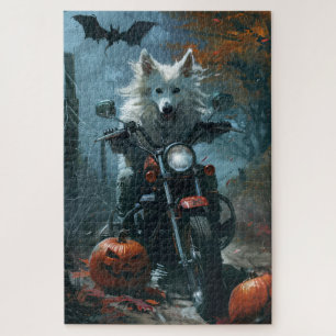American Eskimo Riding Motorrad Halloween Beängsti Puzzle
