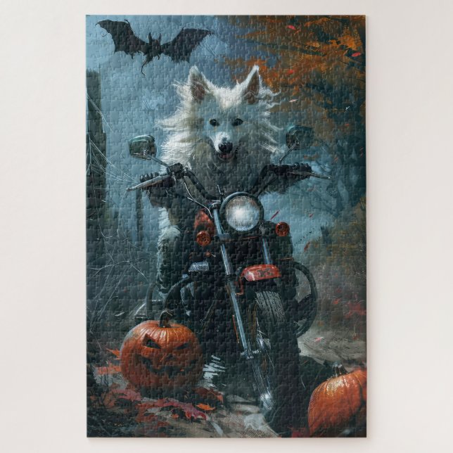 American Eskimo Riding Motorrad Halloween Beängsti Puzzle (Vertikal)