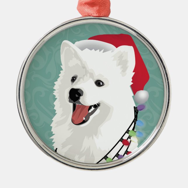American Eskimo Samoyed Niedlich Puppy Dog Weihnac Silbernes Ornament (Vorne)