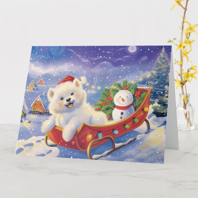 American Eskimo Sleigh Snow Weihnachten Karte (Gelbe Blume)