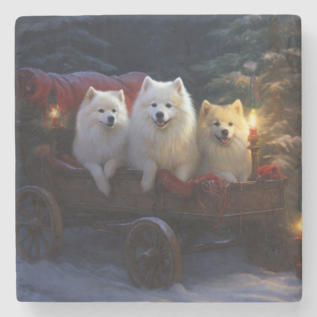 American Eskimo Snowy Sleigh Weihnachtsdekor Steinuntersetzer (Vorderseite)