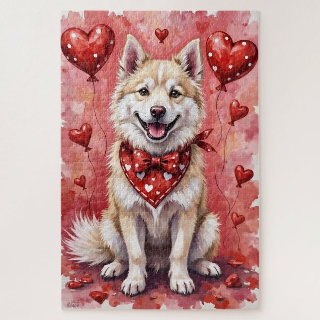 American Eskimo Valentine Dog Art with Hearts Puzzle (Vertikal)