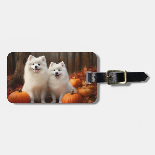 American Eskimo Welpe Autumn Delight Pumpkin Gepäckanhänger (Vorderseite horizontal)