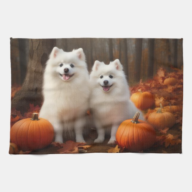 American Eskimo Welpe Autumn Delight Pumpkin Geschirrtuch (Horizontal)