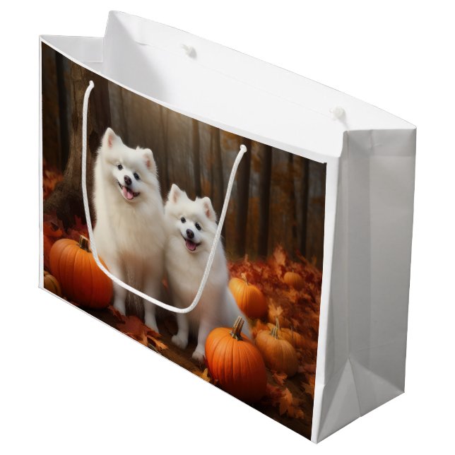 American Eskimo Welpe Autumn Delight Pumpkin Große Geschenktüte (Vorderseite Schrägansicht)