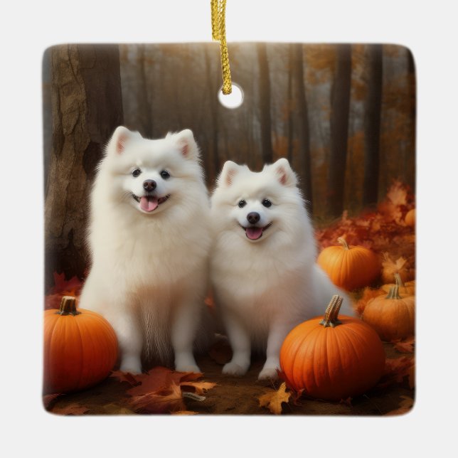 American Eskimo Welpe Autumn Delight Pumpkin Keramikornament (Vorderseite)