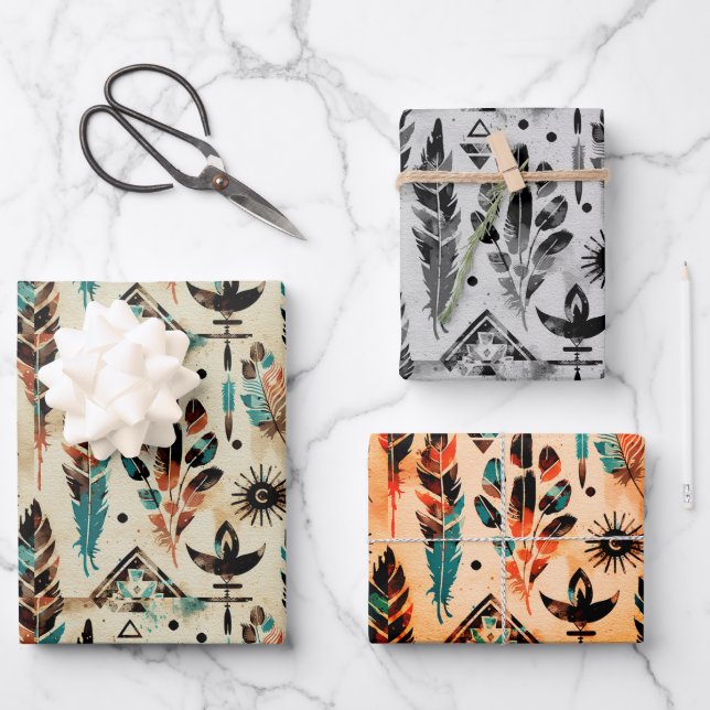 American Ethnic Tribal Art Watercolor Muster Geschenkpapier Set (Vorderseite)