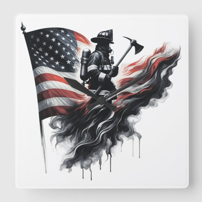 American firefighter.Flag of the United Staaten. Quadratische Wanduhr (Vorderseite)