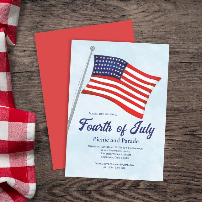 American Flag Amerikanische Unabhängigkeitstag Einladung (Retro Classic Fourth of July Custom Invitations. With watercolor American Flag)