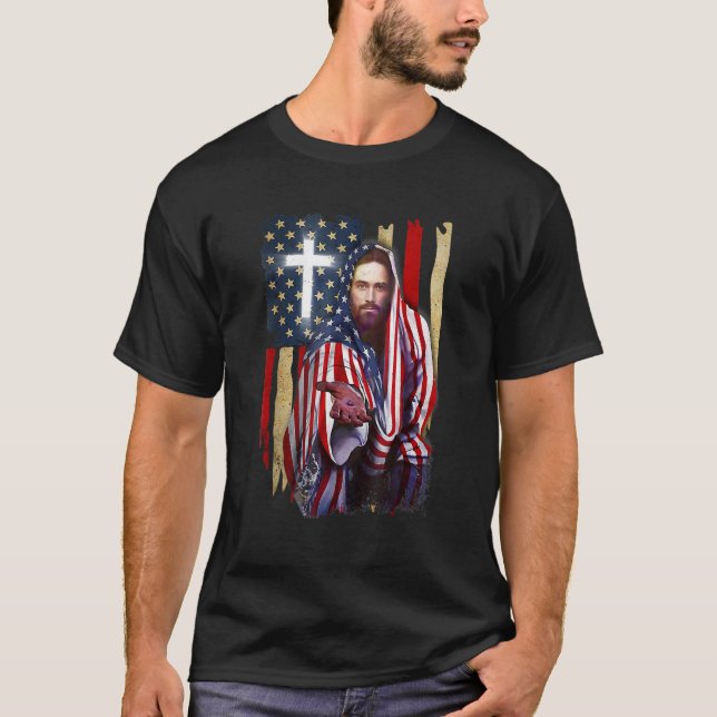 American Flag And Jesus Happy Independence Day 4th T-Shirt (Vorderseite)