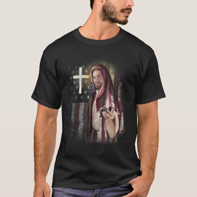 American Flag And Jesus Happy Independence Day 4th T-Shirt (Vorderseite)