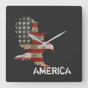 American Flag Bald Eagle America Text  Quadratische Wanduhr