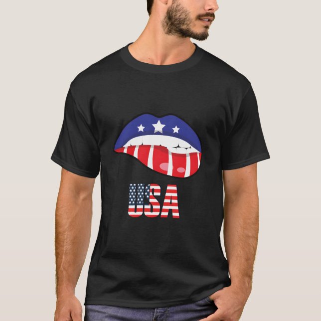 American Flag Biting Lip Usa 4Th Of July Independe T-Shirt (Vorderseite)