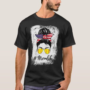 American Flag Bleached Softball Fastpitch Mom Life T-Shirt