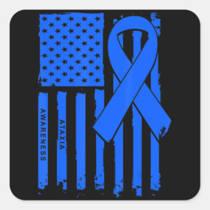 American Flag Blue Ribbon Ataxier Awareness T - Sh Quadratischer Aufkleber