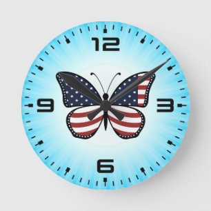 American Flag Butterfly Design-62615 Runde Wanduhr