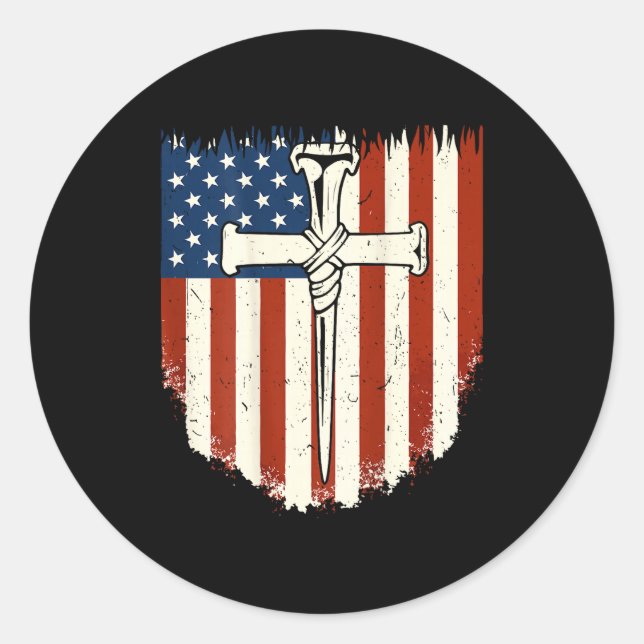 American Flag Cross 3 Nail Patriotic Christian Dom Runder Aufkleber (Vorderseite)