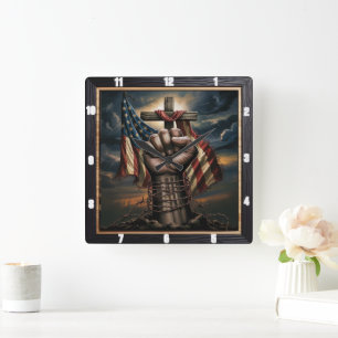 American Flag Cross Patriot Quadratische Wanduhr