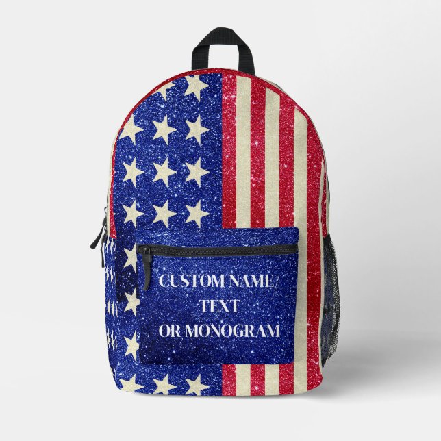 American Flag Design Personalisiert Name Glitzer Bedruckter Rucksack (Vorderseite)