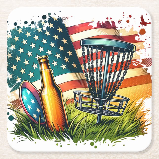 American Flag Disc Golf and Biere Rechteckiger Pappuntersetzer (Vorderseite)
