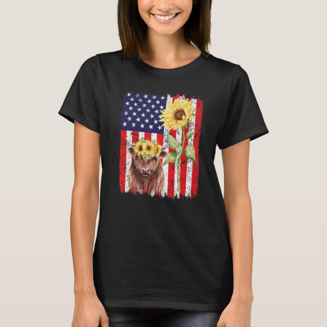 American Flag Farm Cow Sunflower Farming Highland T-Shirt (Vorderseite)