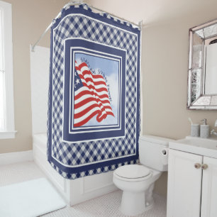 American Flag Illustration Red White Blue Karos Duschvorhang