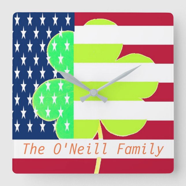 American Flag Irish Kleeblatt Clover St Patrick Quadratische Wanduhr (Vorderseite)