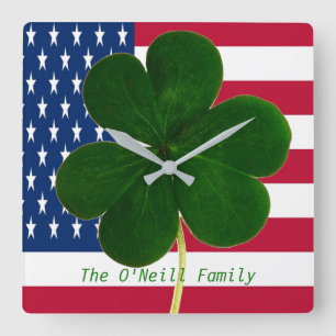 American Flag Irish Kleeblatt Clover St Patrick Quadratische Wanduhr